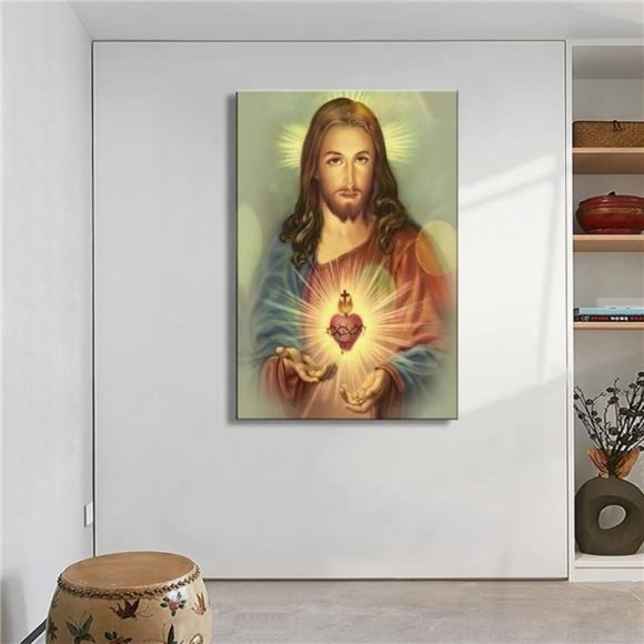 Framed Sacred Heart of Jesus wall Canvas art Decor Divine Mercy, 24x36 inch - Picture 3 of 7